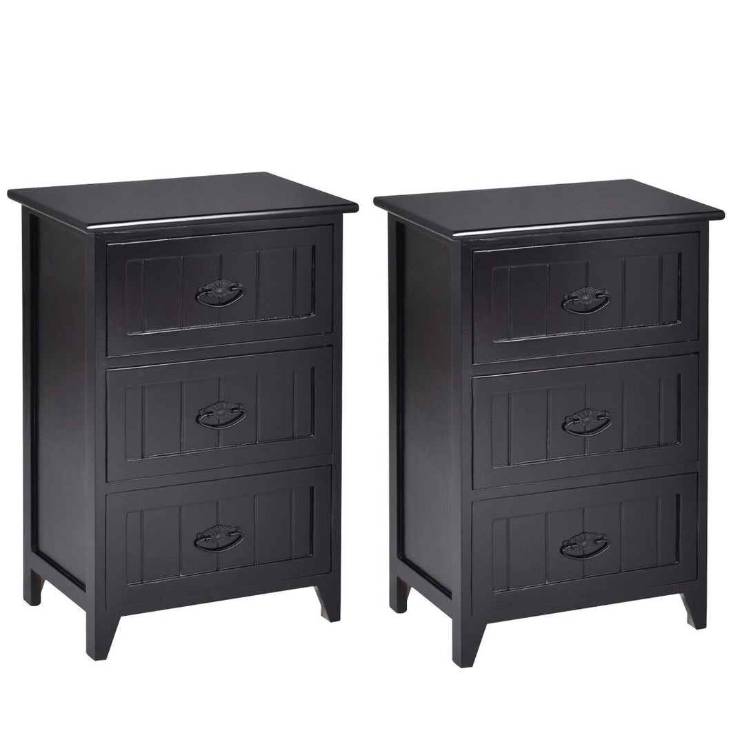 Gymax 2 PCS 3 Drawers Nightstands End Table Storage Wood Side Bedside Black