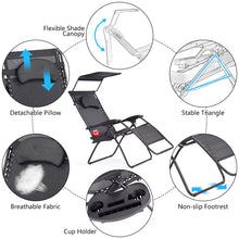 Load image into Gallery viewer, Gymax Folding Recliner Zero Gravity Lounge Chair W/ Shade Canopy Cup Holder Black
