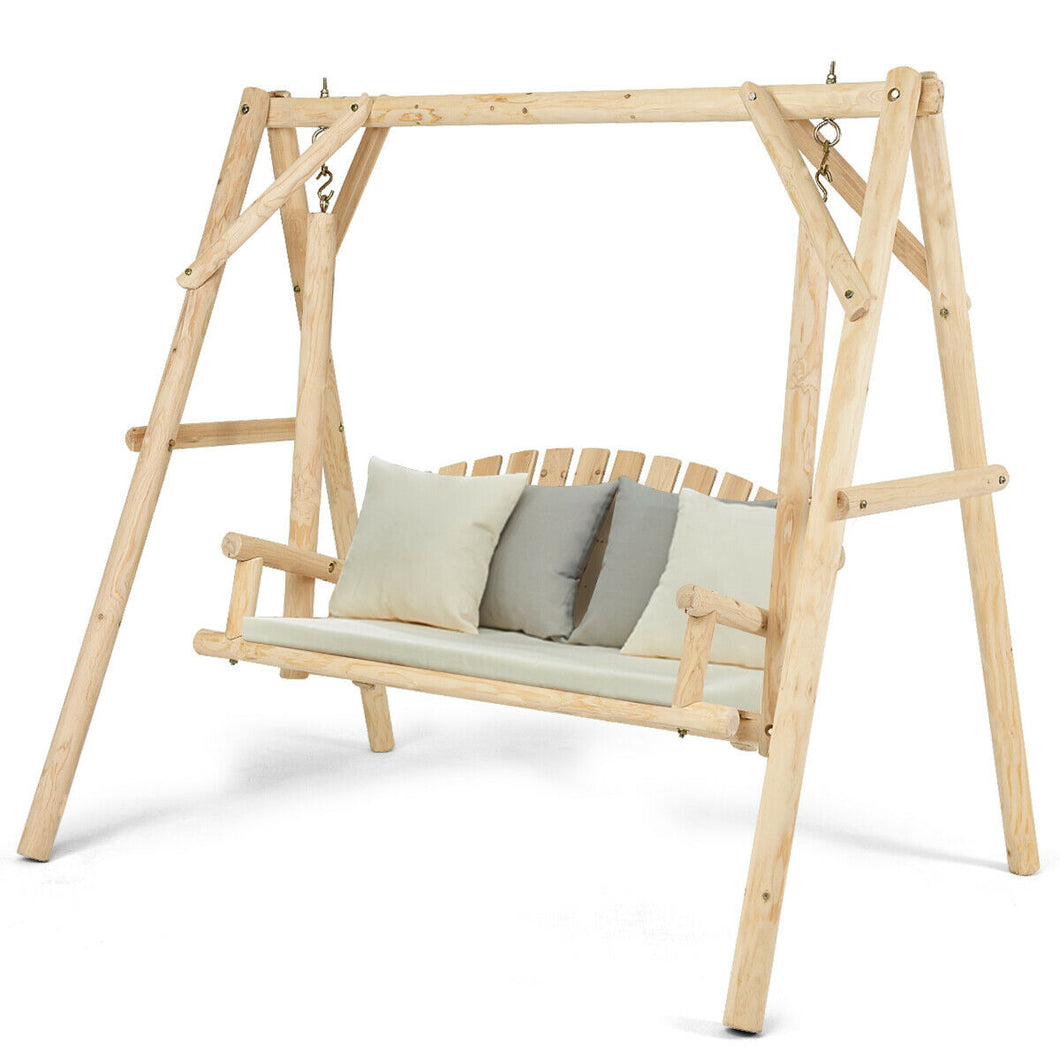 Gymax Wooden Porch Swing Outdoor Patio Rustic Torched Log Curved Back Bench A-Frame