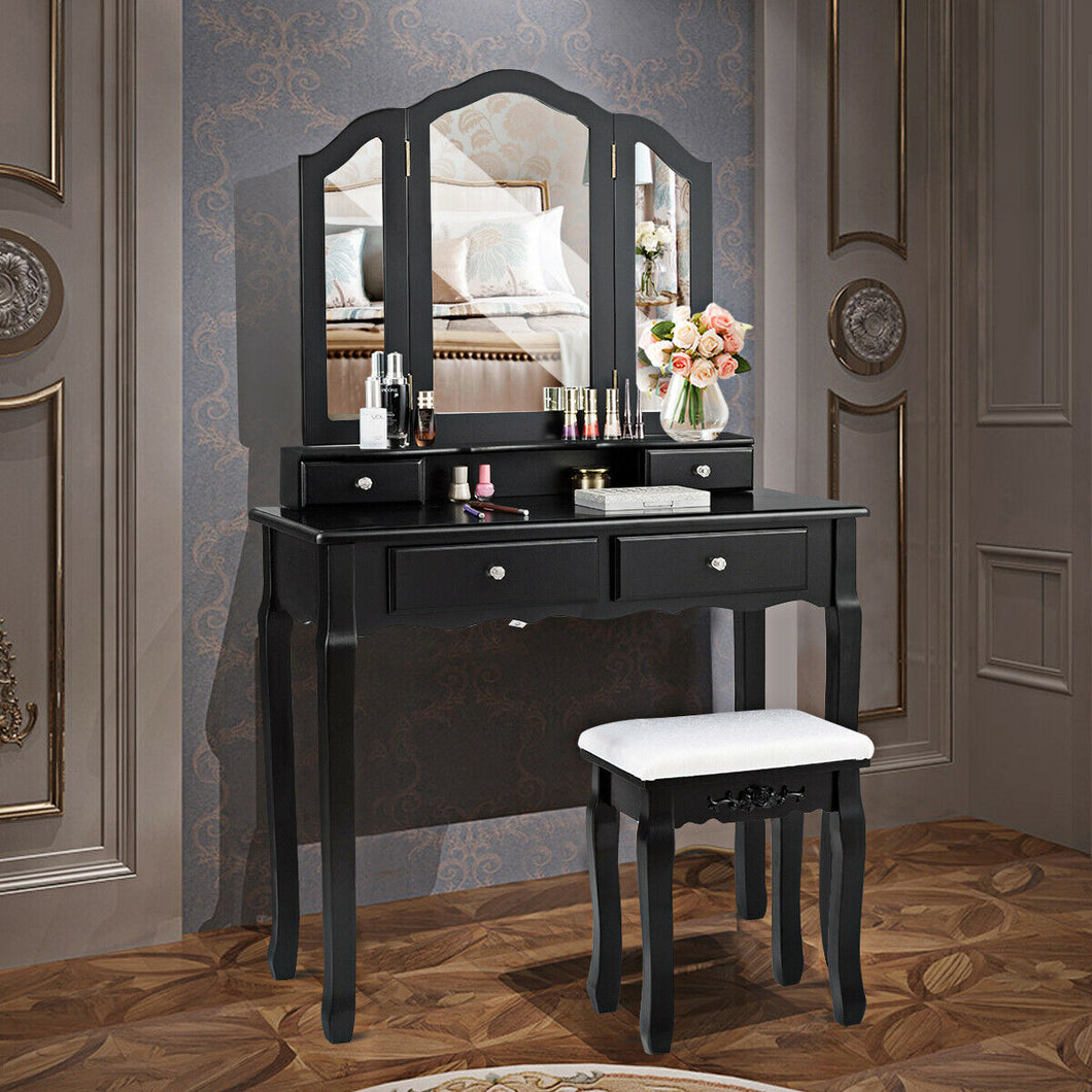 Gymax Bedroom Tri Folding Mirror Vanity Makeup Table Stool Set Black