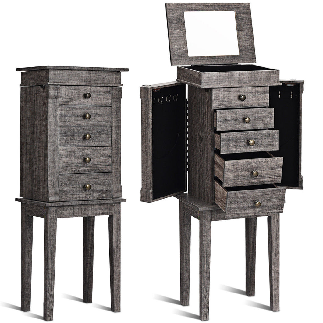 Gymax Standing Jewelry Cabinet Storage Organizer Wood Legs Mirror&5 Drawers Christmas Gift
