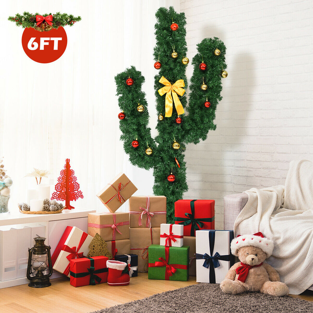 Gymax 6Ft Cactus Artificial Christmas Tree Pre-Lit w/LED Lights and Ball Ornaments
