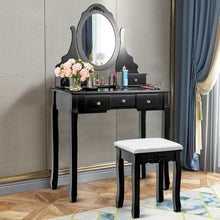 Load image into Gallery viewer, Gymax Vanity Jewelry Wooden Makeup Dressing Table Set W/Stool Mirror &amp; 5 Drawers Black
