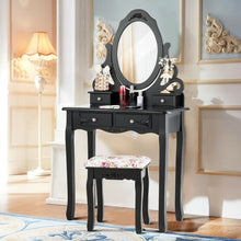 Load image into Gallery viewer, Gymax Vanity Makeup Dressing Table Stool Set w/ Mirror&amp; 4 Drawers &amp; Rose Cushion Black
