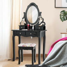 Load image into Gallery viewer, Gymax Vanity Makeup Dressing Table Stool Set w/ Mirror&amp; 4 Drawers &amp; Rose Cushion Black
