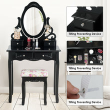 Load image into Gallery viewer, Gymax Vanity Makeup Dressing Table Stool Set w/ Mirror&amp; 4 Drawers &amp; Rose Cushion Black
