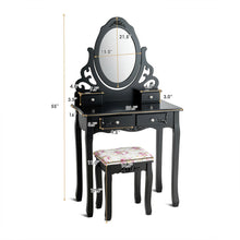 Load image into Gallery viewer, Gymax Vanity Makeup Dressing Table Stool Set w/ Mirror&amp; 4 Drawers &amp; Rose Cushion Black
