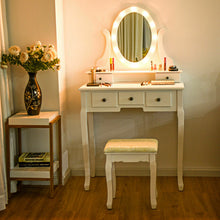 Load image into Gallery viewer, Gymax 5 Drawers Bedroom Vanity Makeup Dressing Table Stool Set Lighted Mirror W/12 LED Bulbs

