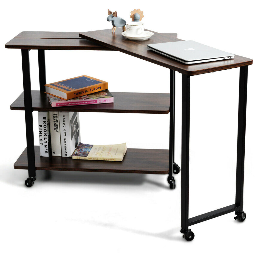 Gymax Walnut Sofa Side Table Rotating Bookcase End Table w/Wheels